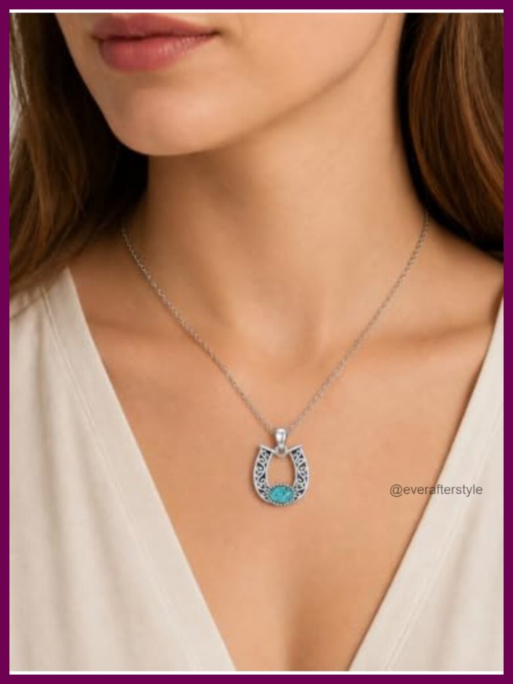 Turquoise Pendant Necklace Horseshoe Western Gold Plated Stainless Steel - Picture 2 of 6